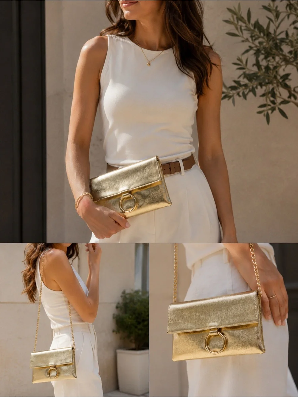 Metallic Gold Ring-Accent Foldover Clutch